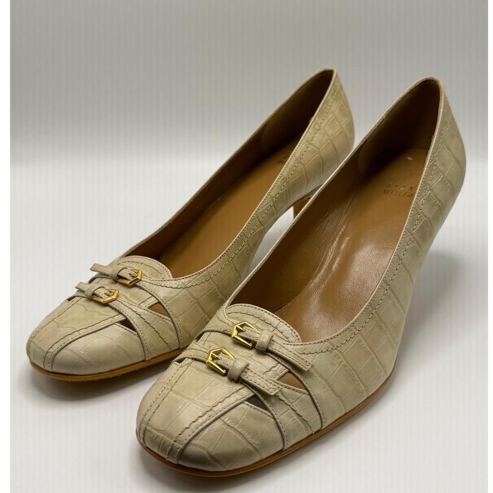 Stuart Weitzman Beige Croc Embossed Leather Buckle Kitten Heels Pumps Size 9 M